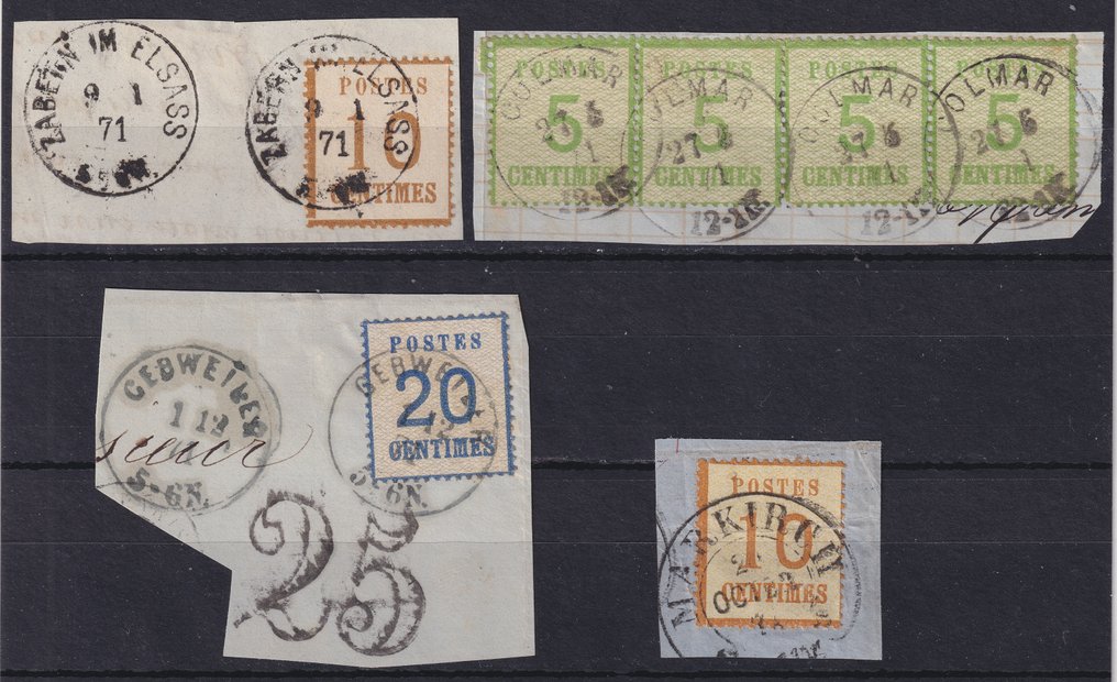 Γαλλία 1871 - Σετ 7 γραμματοσήμων από την Αλσατία - Λωρραίνη, επιλέξτε: αρ. 2, 4, 5 και 6, με αποσπάσματα, με - Yvert #1.0