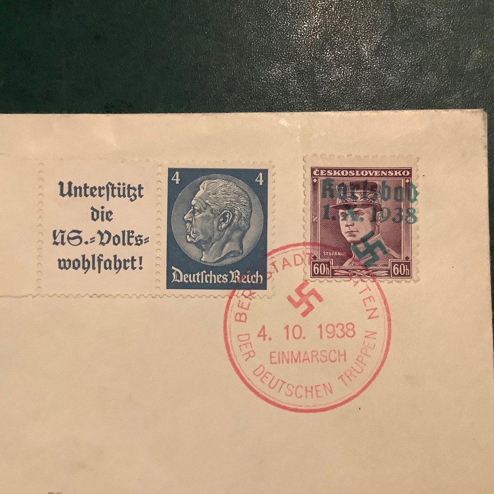 Boemia e Moravia 1938 - Karlsbad: 60h con scritta libera sulla busta filatelica - autenticato dal Dr Dubb - Michel 8 #2.1