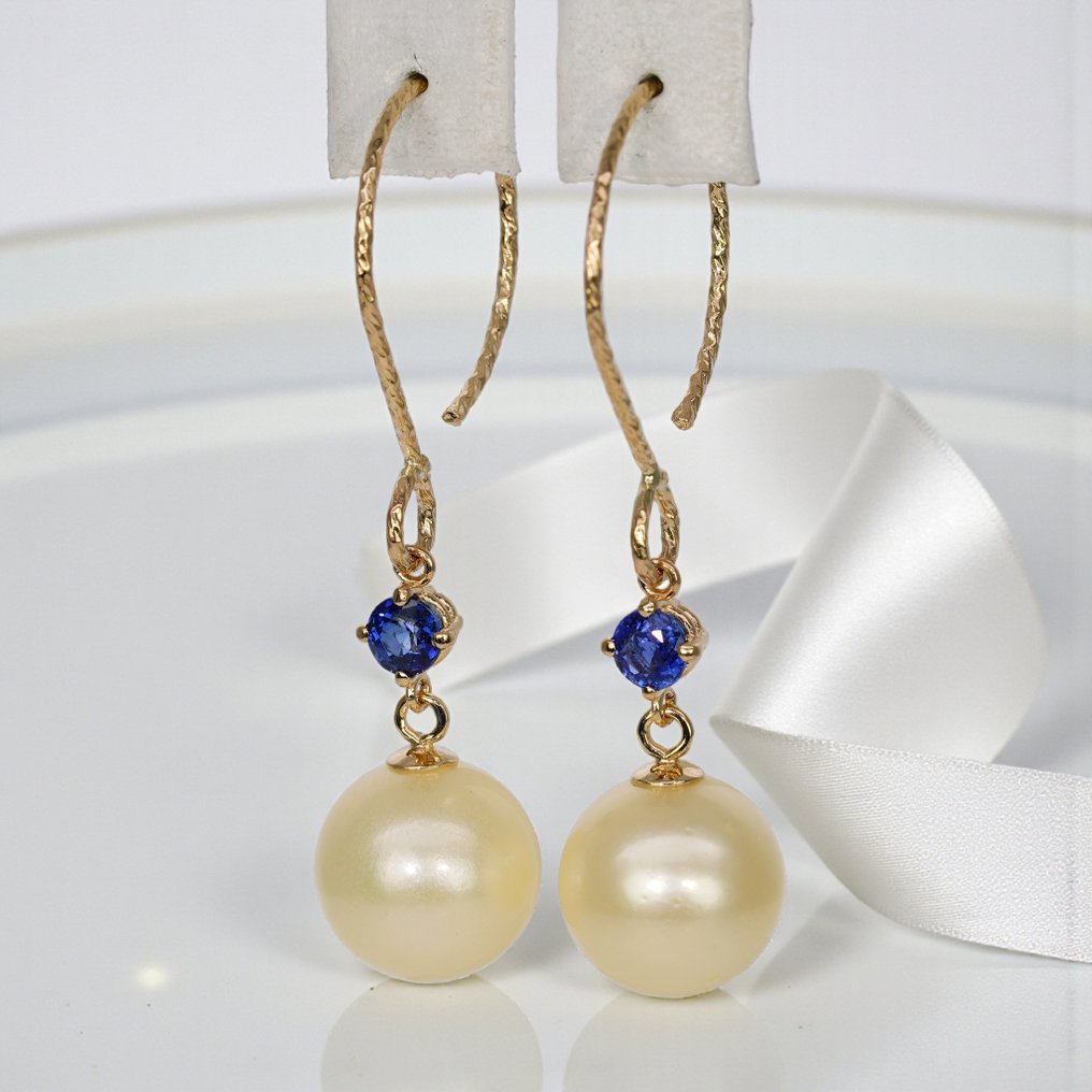 沒有保留價 - 耳環 - 14 克拉 黃金 藍寶石 - 珍珠 - 蓝宝石与SSP #2.1