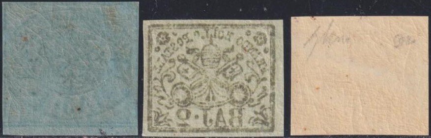 Αρχαία ιταλικά κράτη - Παπικό κράτος 1852 - I^ Em. 1 b. + 2 b. x 2 διαφορετικές τίντες Sass 2B+3+3A μεγάλα άθικτα περιθώρια MNH** Cert.Bolaffi #2.1