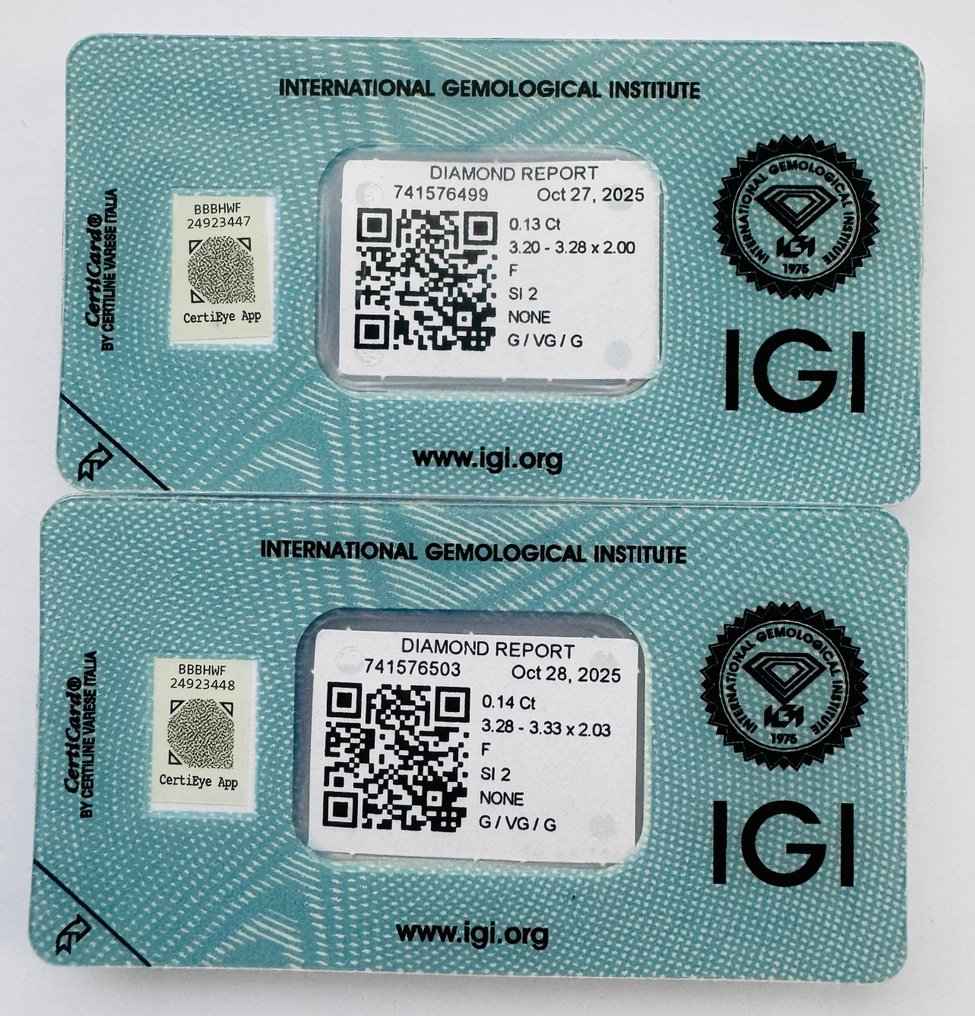 没有保留价 - 2 pcs 钻石  (天然)  - 0.27 ct - 圆形 - F - SI2 微内含二级 - 国际宝石研究院（IGI） - 匹配的对 #1.0