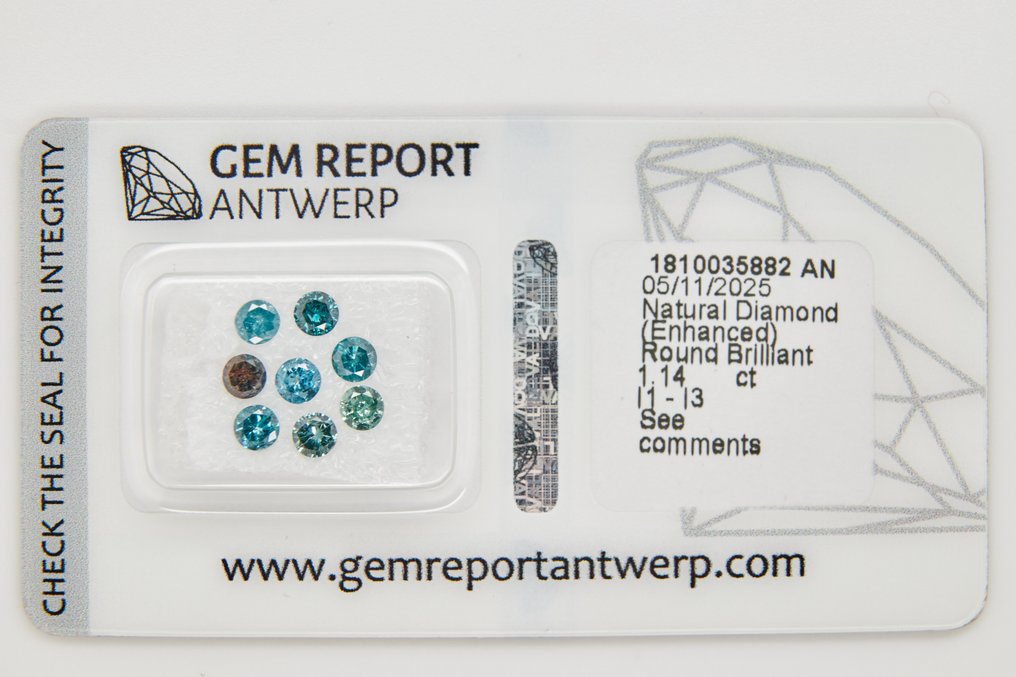 Ingen reservasjonspris - 8 pcs Diamant  (Fargebehandlet)  - 1.14 ct - Rund - I1, I2, I3 - Edelstensrapport Antwerpen (GRA) #1.0