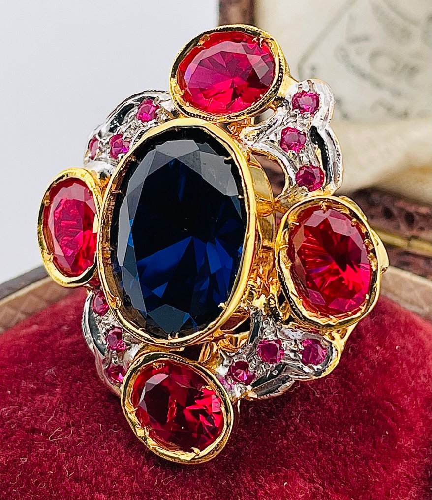 Nincs minimálár - Gyűrű - 9 Kt Sárga arany, Ezüst Zafír - Rubin #2.1