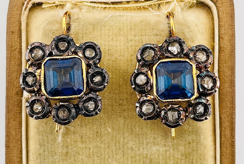 Sans Prix de Réserve - Boucles d'oreilles - 9 carats Or jaune, Argent Saphir - Diamant #1.0