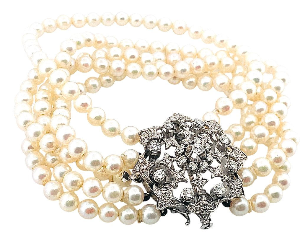 手镯 - 18K包金 白金 钻石 (天然)  - 珍珠 #3.2