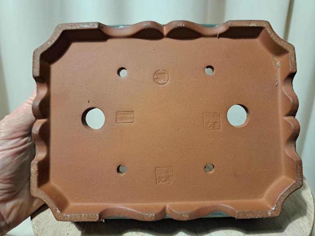 Bonsai tray - 8.5x6.7x2.2 inches - green glazed - Height (Tree): 0 cm - Depth (Tree): 0 cm - Japan #1.0