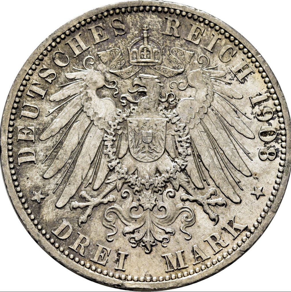 德意志帝國 Willem II. Drei Mark 1908A  (沒有保留價) #1.0