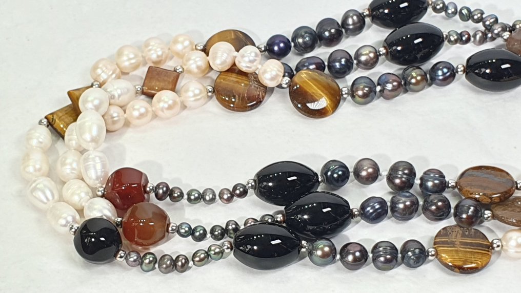 淡水天然珍珠——救赎与基督教信仰的象征——黑玛瑙、玛瑙和虎眼石 - 頸鏈 #4.3