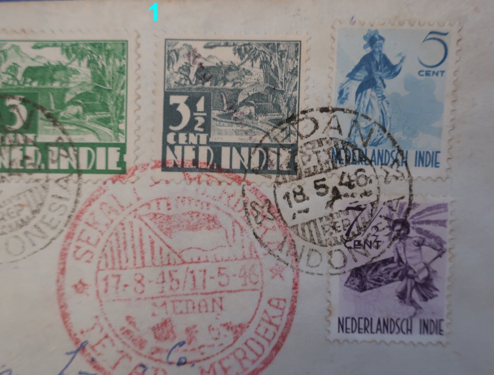 印度尼西亞 1946 - 四封印有印章的信件,关于日本占领印度尼西亚的信件,带有印刷和邮戳,包括Tetap Merdeka Sekali等。 #3.2