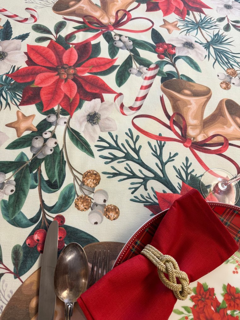 优雅的桌布，适用于大型餐桌，具有圣诞主题，装饰有铃铛、糖棒和雪花。 - 桌布  - 3 m - 1.42 m #1.0