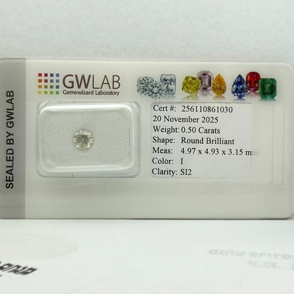 No Reserve Price - 1 pcs Diamond  (Natural)  - 0.50 ct - Round - I - SI2 - Gemewizard Gemological Laboratory (GWLab) #4.3