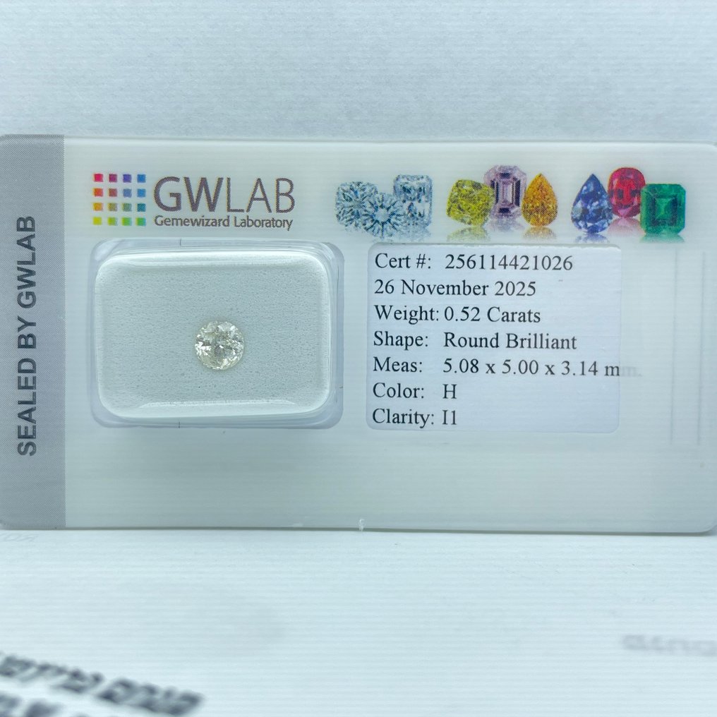 No Reserve Price - 1 pcs Diamond  (Natural)  - 0.52 ct - Round - H - I1 - Gemewizard Gemological Laboratory (GWLab) #3.2
