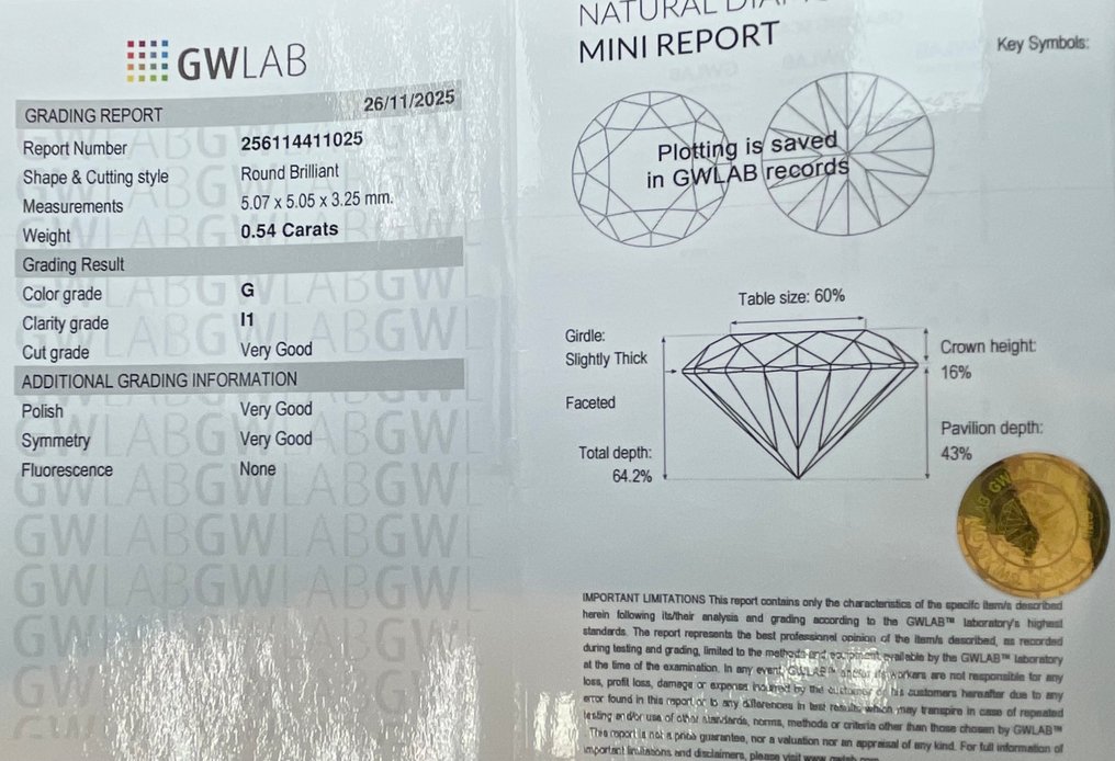 没有保留价 - 1 pcs 钻石 (天然) - 0.54 ct - 圆形 - G - I1 内含一级 - Gemewizard宝石实验室(GWLab) #2.1