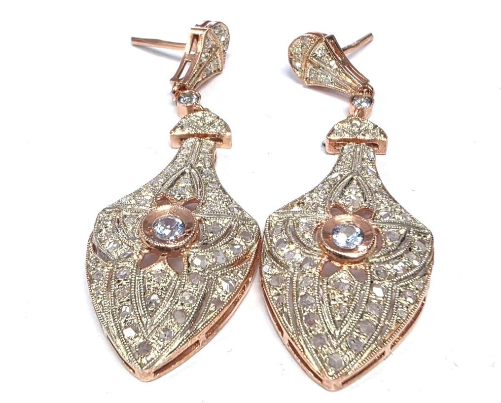 χωρίς τιμή ασφαλείας - Σκουλαρίκια - 9 kt. Ροζ χρυσό, Ασημί Τοπάζιο - Διαμάντι #1.0