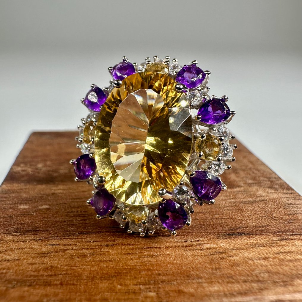 没有保留价 - 戒指 银 黄水晶 - 紫水晶 - 自然的 #4.3