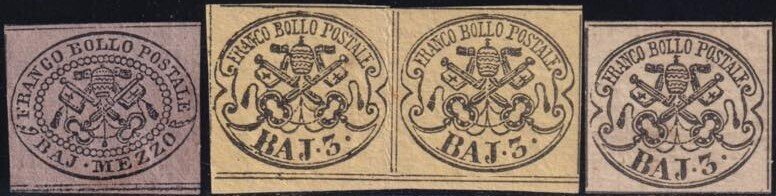 意大利古國-教宗國 1852 - I^ Em. 1/2 b. + 3 b. con 1 coppia Sass 1A+4A+4Ad f.Chiavarello, Bottacchi #1.0