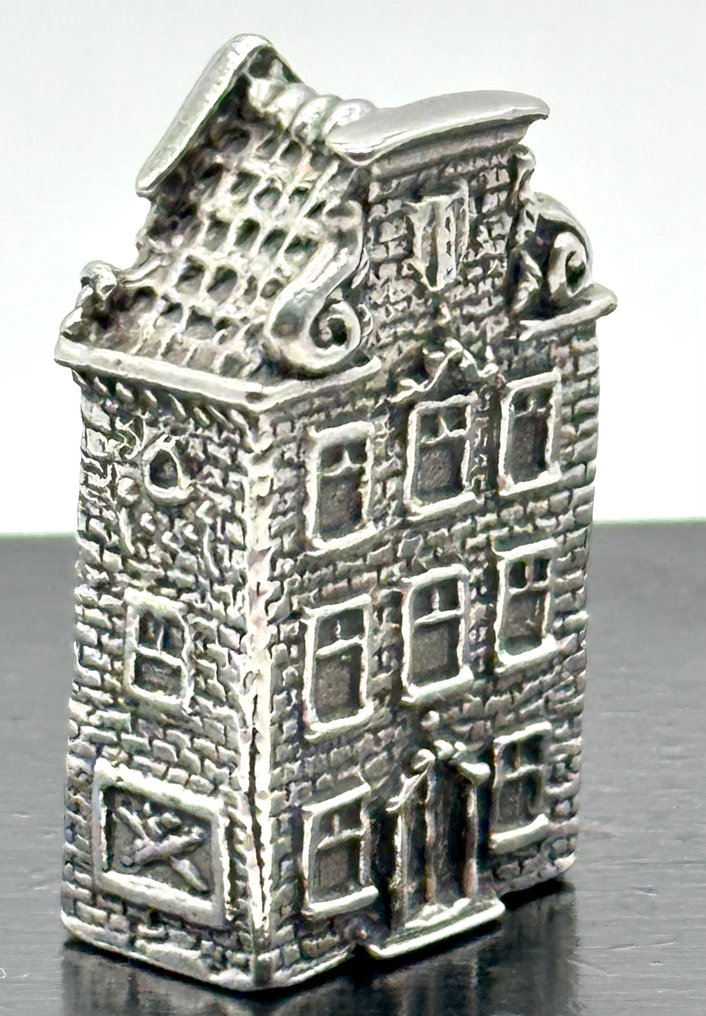 No reserve-Rondom gedetailleerd bewerkt zilveren miniatuur Amsterdams Grachtenpand - 微型小雕像 - Zeer gedetailleerd - .925 銀 #1.0