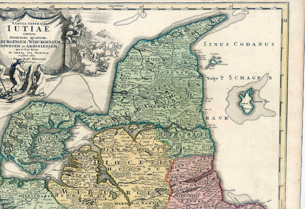 Germania - Dänemark - Jütland; Johann Baptist Homann - Tabula Generalis Iutiae continens Dioeceses Quatuor, Alburgensem, Wiburgensem, Ripensem et - 1701-1720 #2.1