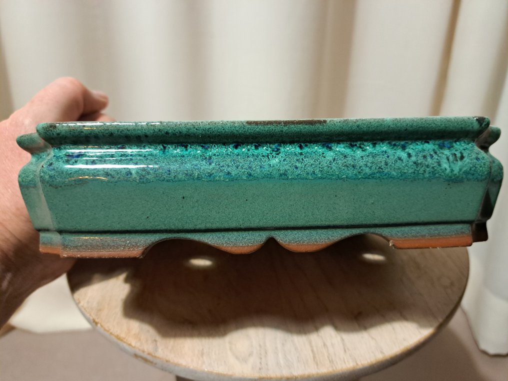 Bonsai tray - 8.5x6.7x2.2 inches - green glazed - Height (Tree): 0 cm - Depth (Tree): 0 cm - Japan #2.1