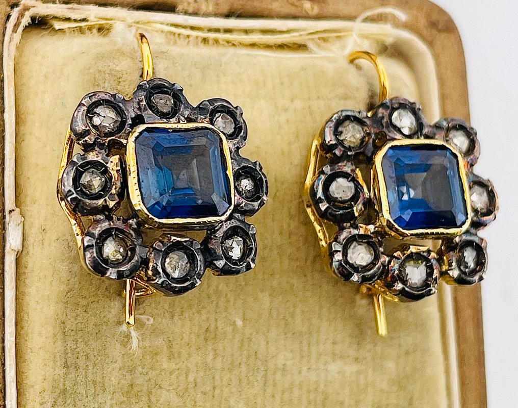 Sans Prix de Réserve - Boucles d'oreilles - 9 carats Or jaune, Argent Saphir - Diamant #1.0