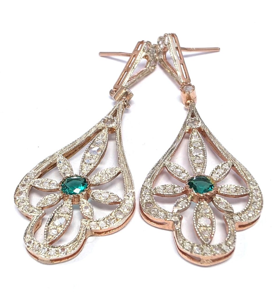 χωρίς τιμή ασφαλείας - Σκουλαρίκια - 9 kt. Ροζ χρυσό, Ασημί Σμαράγδι - Διαμάντι #2.1