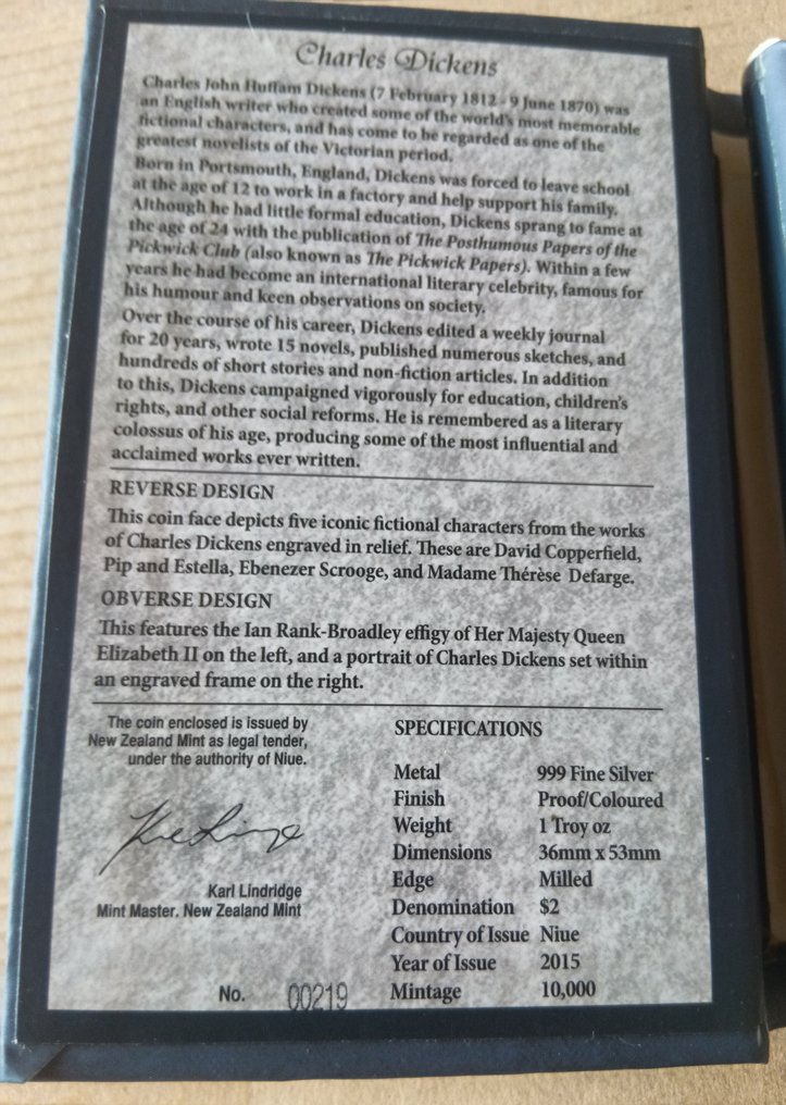 Niue. 2 Dollars 2015, Proof " Charles Dickens " 1 oz (Zonder minimumprijs) #4.3