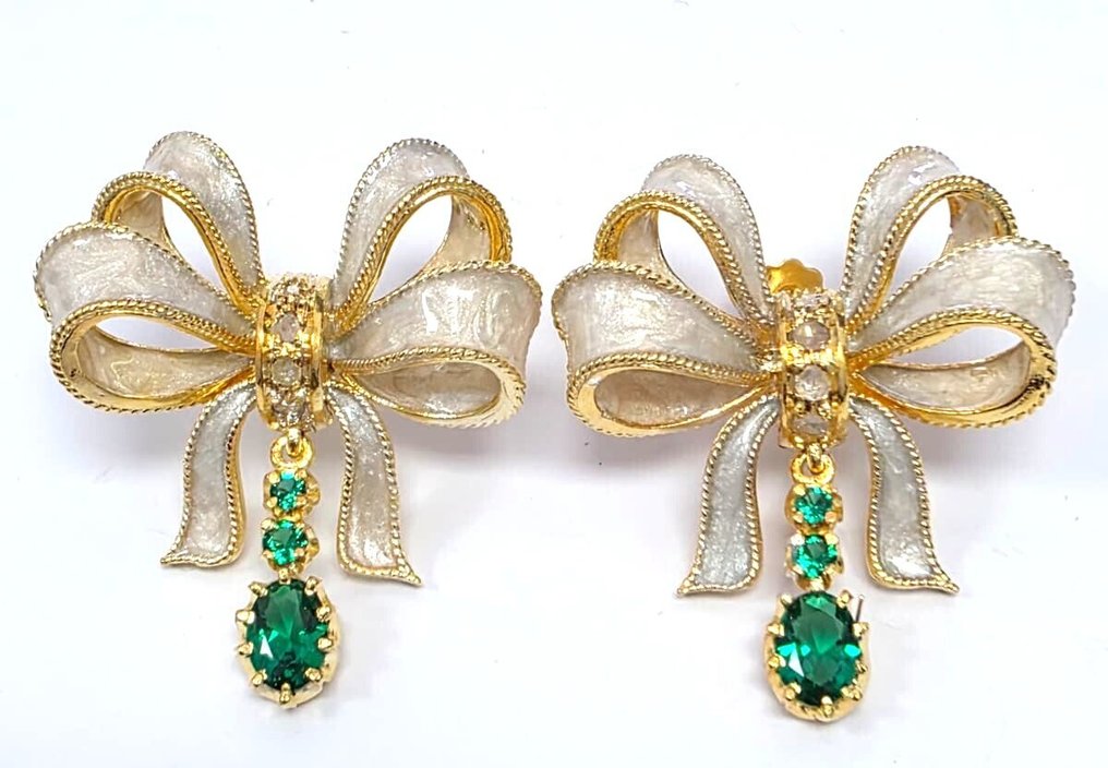 χωρίς τιμή ασφαλείας - Σκουλαρίκια - 9 kt. Κίτρινο χρυσό, Ασημί Σμαράγδι - Διαμάντι #2.1