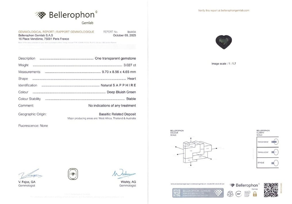 Sans prix de réserve Saphir  - 3.02 ct - Bellerophon Gemlab - Vert bluâtre profond #4.3