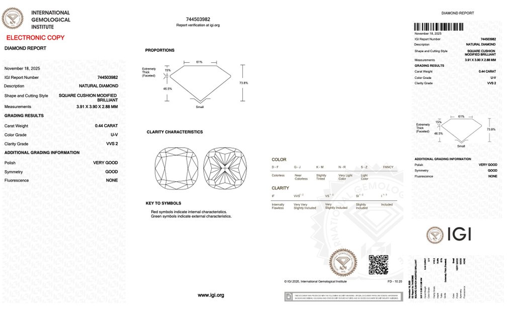 Ingen mindstepris - 1 pcs Diamant  (Naturfarvet)  - 0.44 ct - Pude - Light Gul - VVS2 - International Gemological Institute (IGI) - VG #3.2