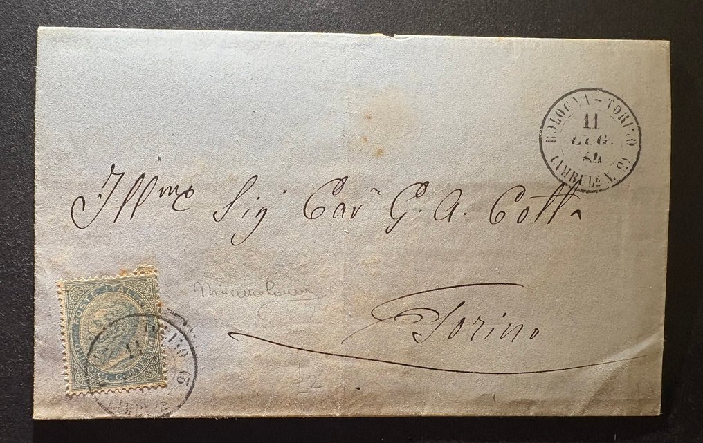 意大利王国 1864 - 1864年王国15美分DHL邮戳流动邮戳，博洛尼亚-都灵线路编号2，点数12，非常罕见。 #1.0