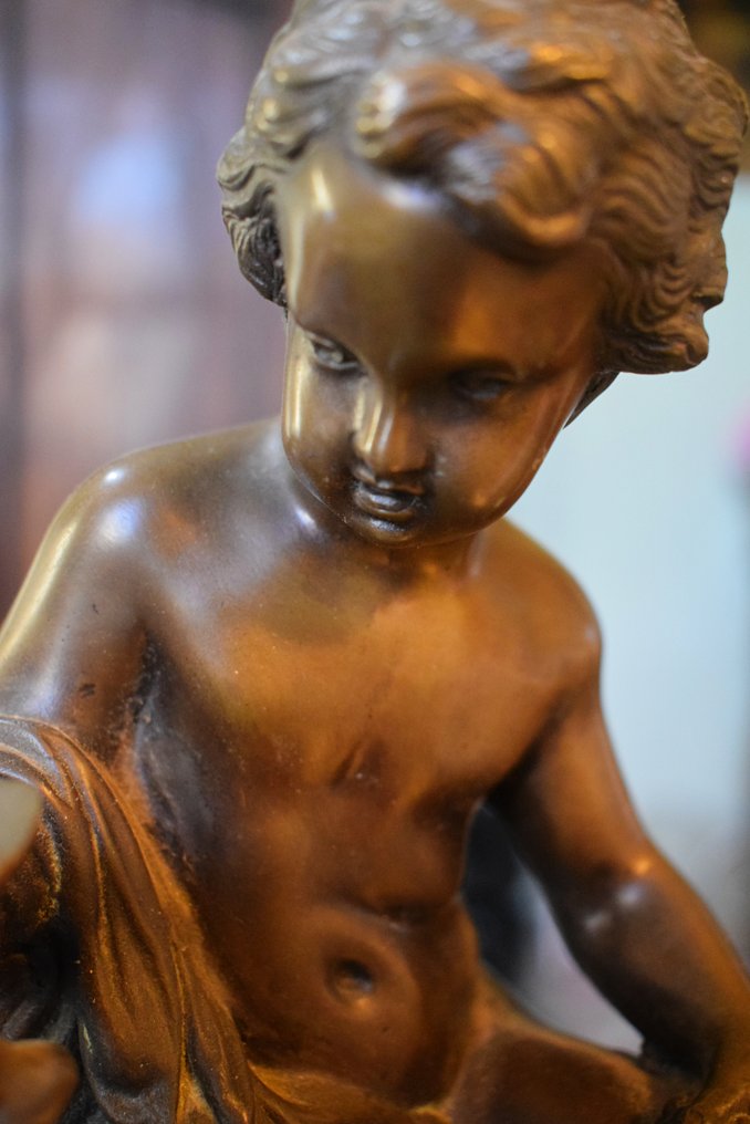 Skulptur, Putto con coppa e grappoli d'uva - 30 cm - Bronze, Marmor #3.2