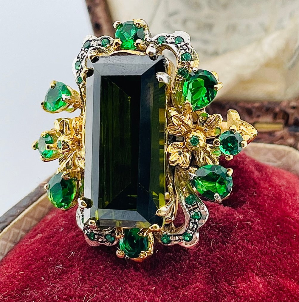 No reserve price - Ring - 9 kt. Yellow gold, Silver Peridot - Emerald #2.1