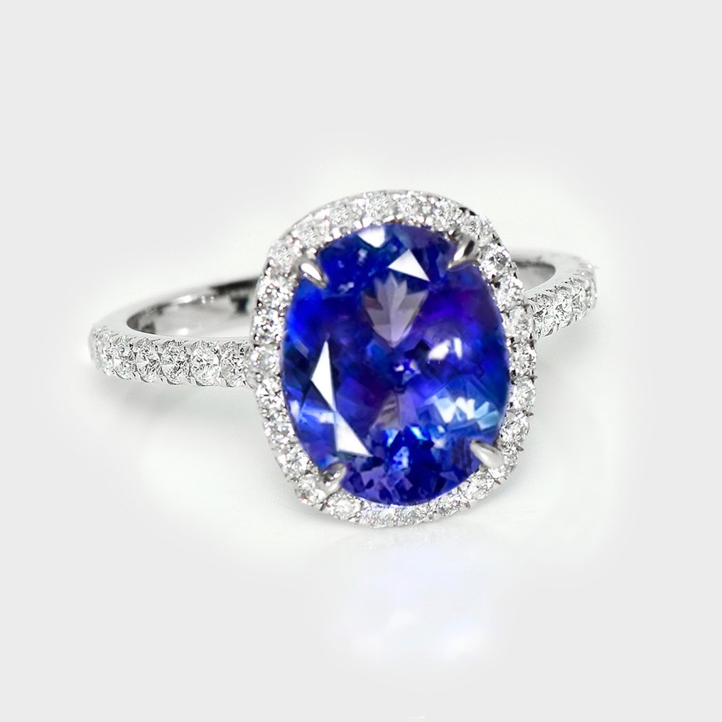 没有保留价 - 戒指 - 14K包金 白金, HRD 3.05 克拉 强烈蓝色 -  3.54ct. tw. 坦桑石 - 钻石 #2.1