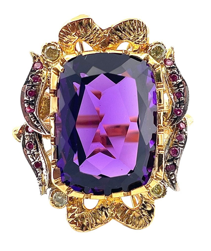 χωρίς τιμή ασφαλείας - Δαχτυλίδι - 9 kt. Κίτρινο χρυσό, Ασημί Αμέθυστος - Ρουμπίνι #1.0