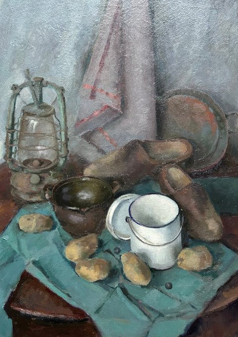 Daniël Ghijs (1923 - 2013) - Stilleven met klompen , dekselpot en aardappels . #1.0