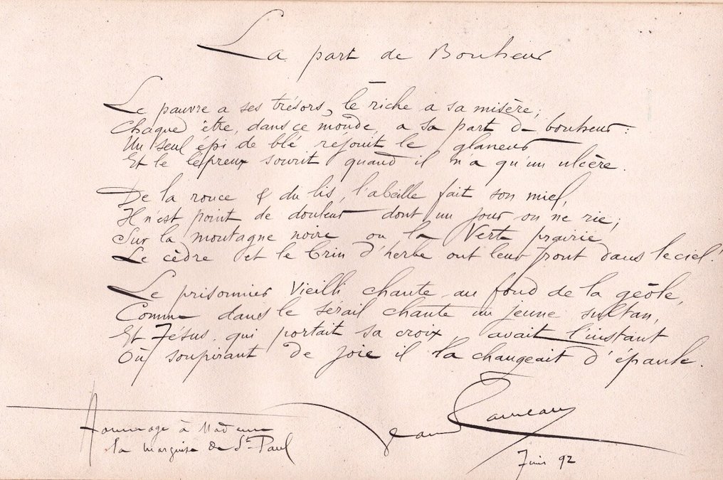 Jean Rameau - Poème autographe signé à la Marquise de Saint Paul - 1892 #1.0