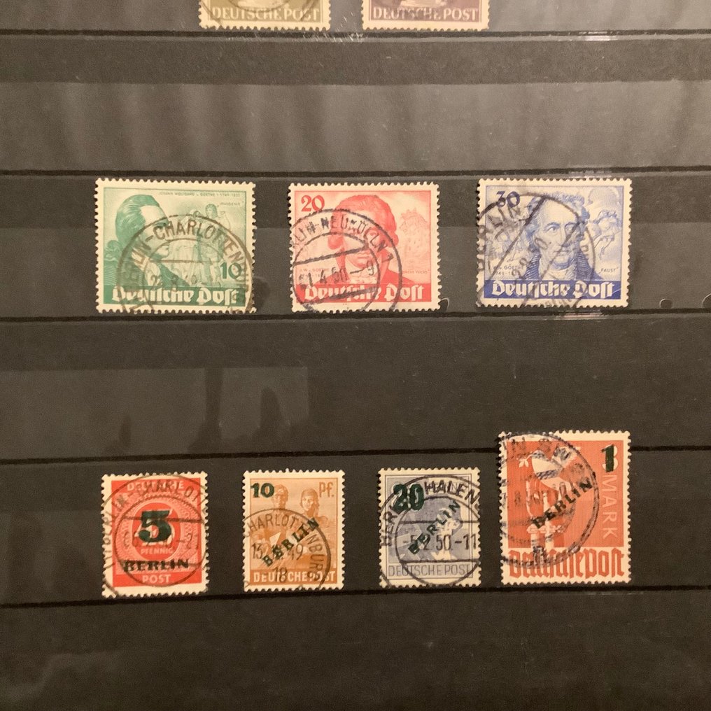 Βερολίνο 1949 - Τρεις πλήρεις εκδόσεις με UPU, Goethe και πράσινη εκτύπωση με κεντρικά σφραγίσματα (U). - Michel 35/41 en 61/67 #4.3