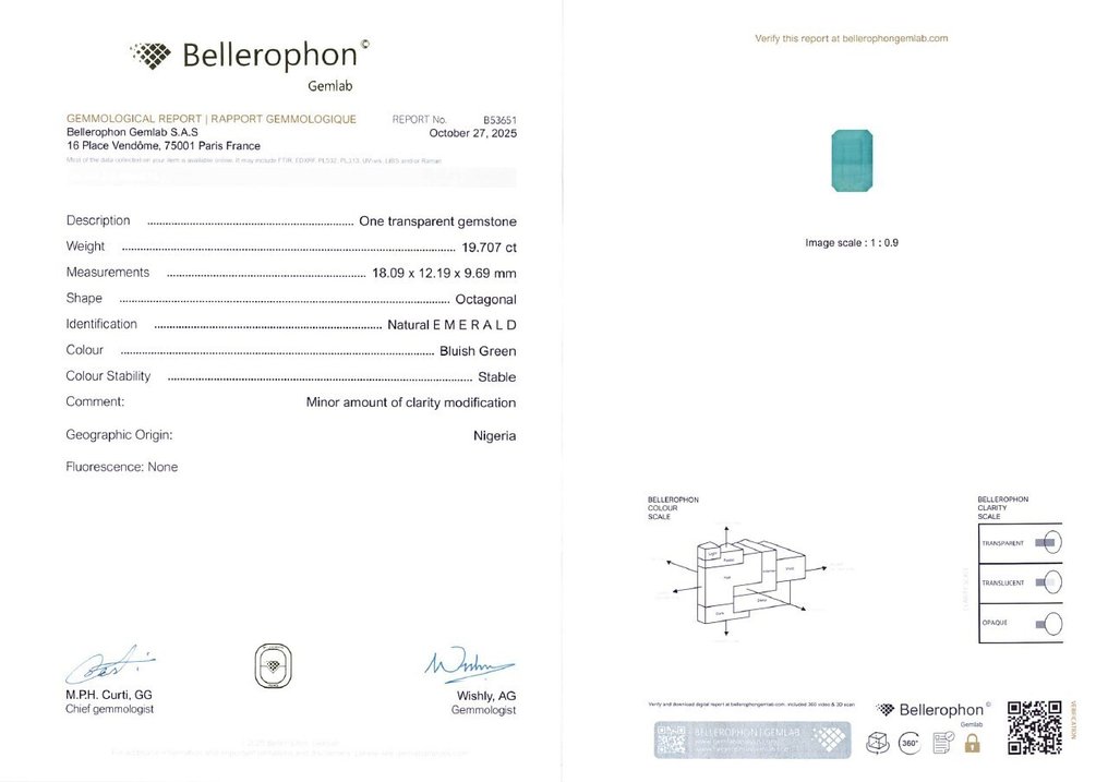 No reserve price Emerald - 19.70 ct - Bellerophon Gemlab - Bluish Green (Nigeria) #4.3