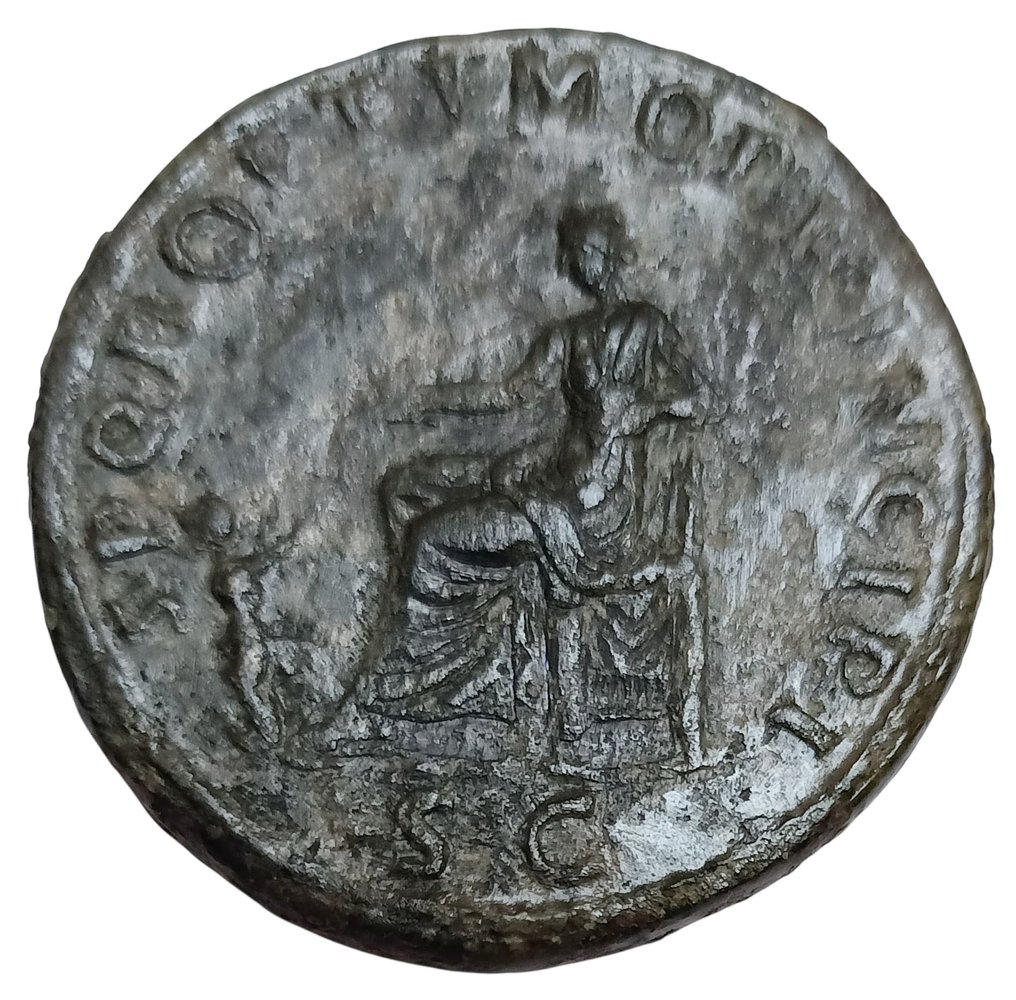 羅馬帝國. 圖拉真 (AD 98-117). Sestertius Rome - Pax seated left with Dacian kneeling at feet #1.0