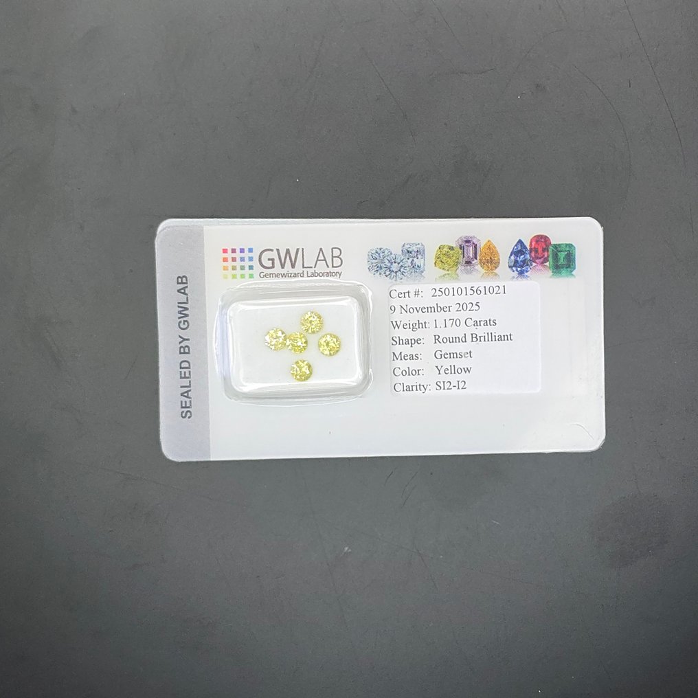 Sin precio de reserva - 5 pcs Diamante (Color tratado) - 1.17 ct - Redondo Amarillo - SI2, I2 - Gemewizard Gemological Laboratory (GWLab) #1.0