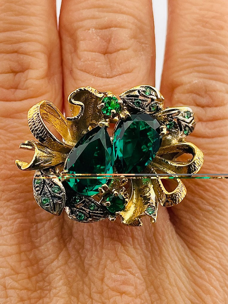 Sem preço de reserva - Anel - 9 kt. Ouro amarelo, Prata Esmeralda - Esmeralda #3.2