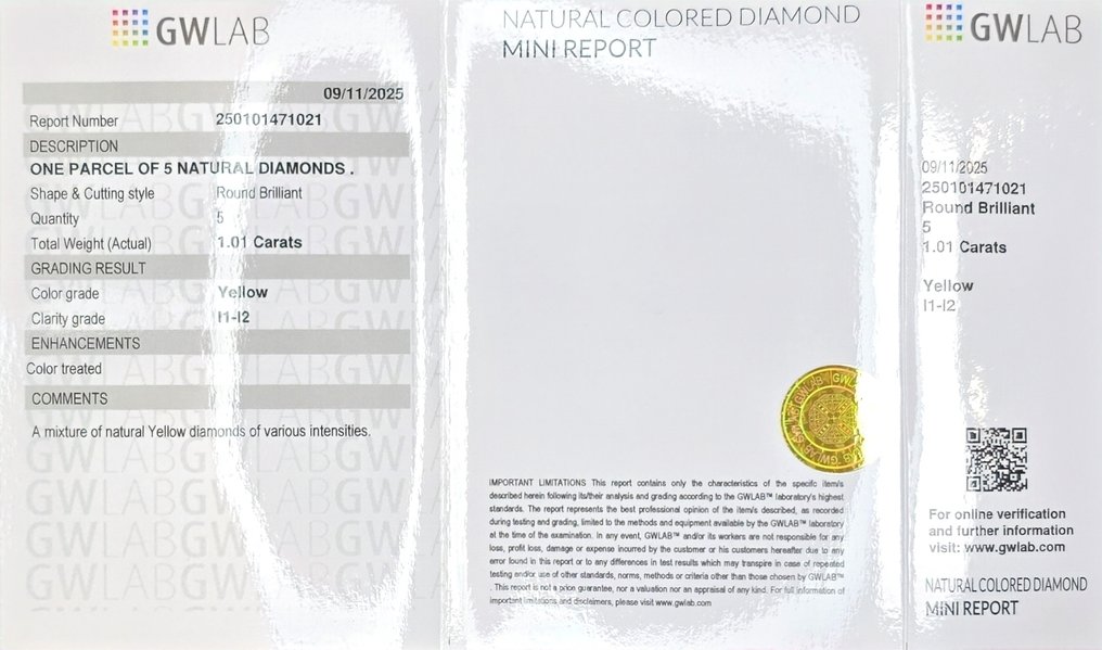 Sans prix de réserve - 6 pcs Diamant  (Traitement de couleur)  - 1.01 ct - Rond Jaune - I1, I2 - Gemewizard Gemological Laboratory (GWLab) #2.1