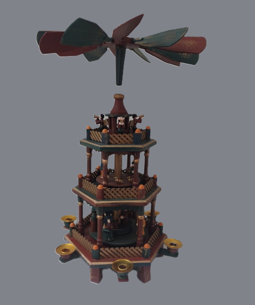 Christmas figurine - Rotating Christmas pyramid, 3-tier, green - red - gold colored, 46 cm, top - Wood #1.0