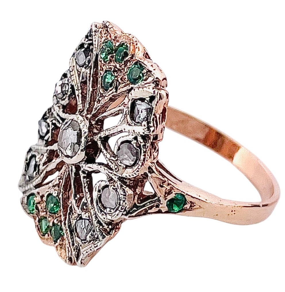 Nincs minimálár - Gyűrű - 9 Kt Rózsa arany, Ezüst Smaragd - Gyémánt #4.3