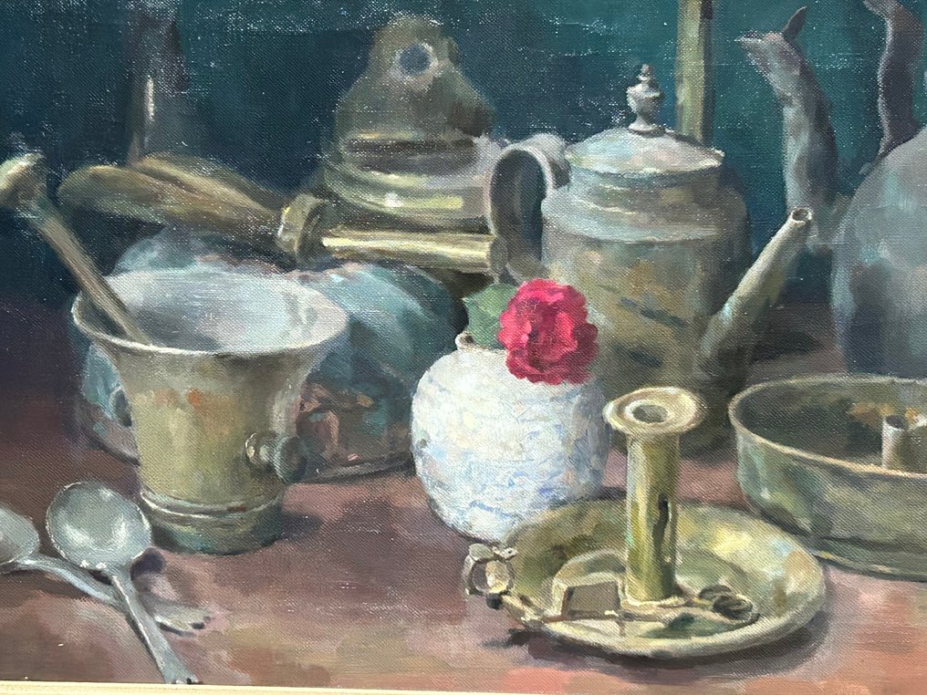 G A Brender á Brandis (1878 - 1971) - Stilleven met vijzel , bolvaas en koperen kandelaars #4.3