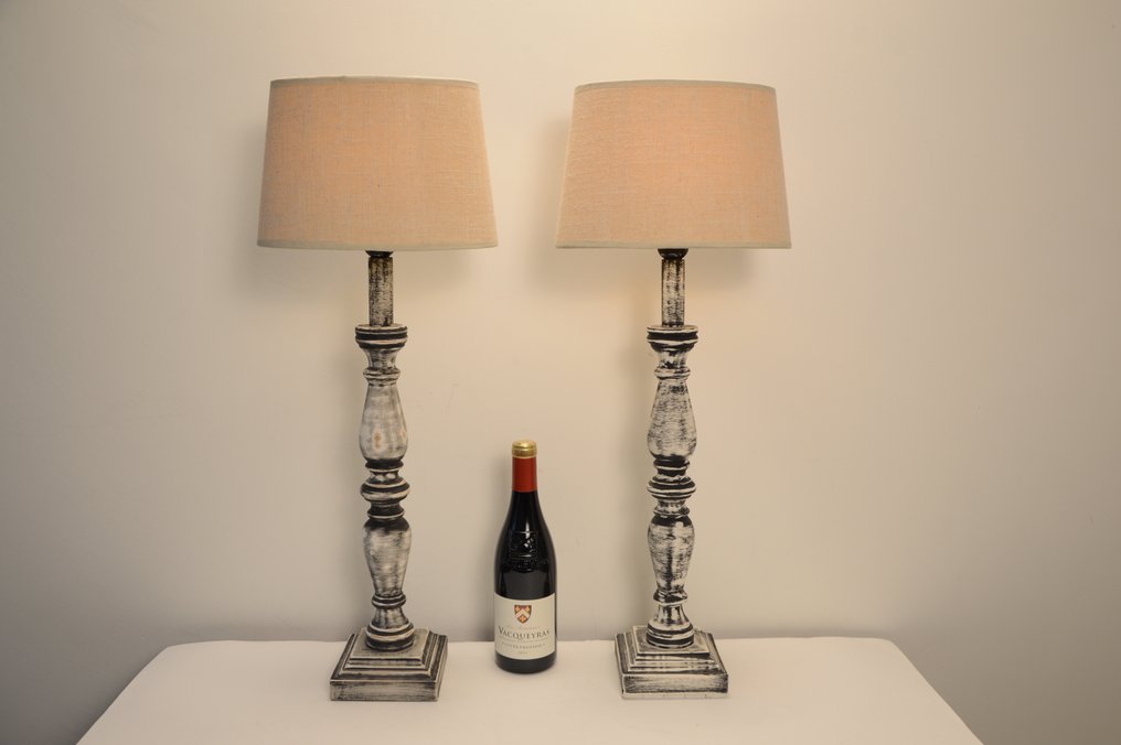 Table lamp (2) - Pair of elegant Table Lamps - Wood, Linen #1.0