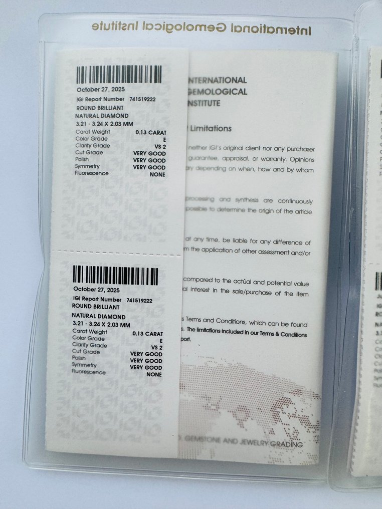No Reserve Price - 2 pcs Diamond (Natural) - 0.26 ct - Round - E - VS2 - International Gemological Institute (IGI) - *Matching Pair* #4.3