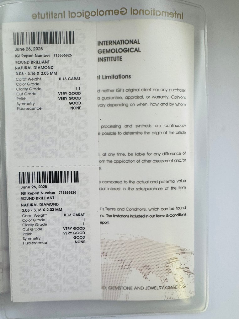 没有保留价 - 2 pcs 钻石 (天然) - 0.23 ct - 圆形 - H, I - I1 内含一级 - 国际宝石研究院(IGI) - 一对 #2.1