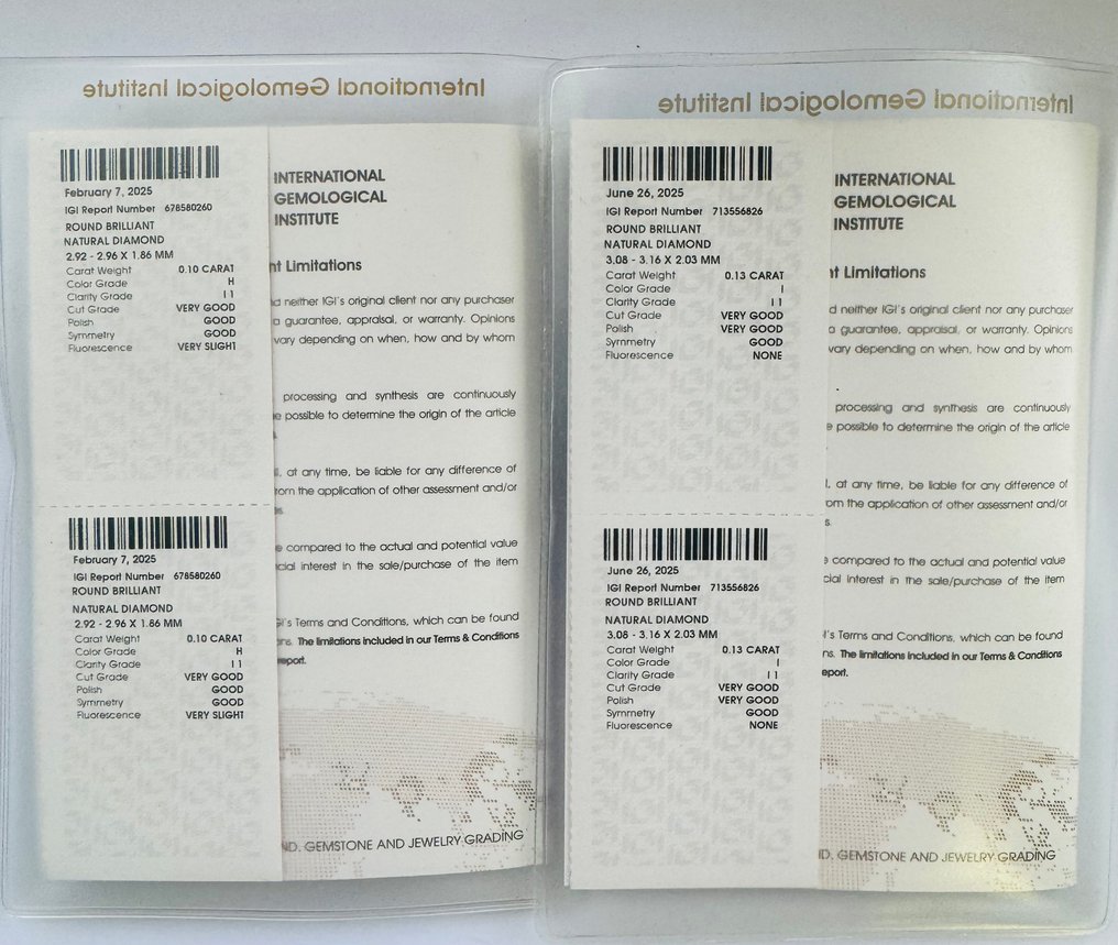 没有保留价 - 2 pcs 钻石 (天然) - 0.23 ct - 圆形 - H, I - I1 内含一级 - 国际宝石研究院(IGI) - 一对 #4.3