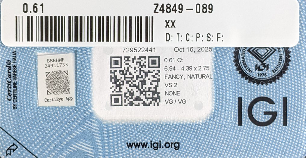Nincs minimálár - 1 pcs Gyémánt  (Természetes színű)  - 0.61 ct - Ovális - Fancy Barna Narancssárga - VS2 - Nemzetközi Gemmológiai Intézet (IGI) #3.2